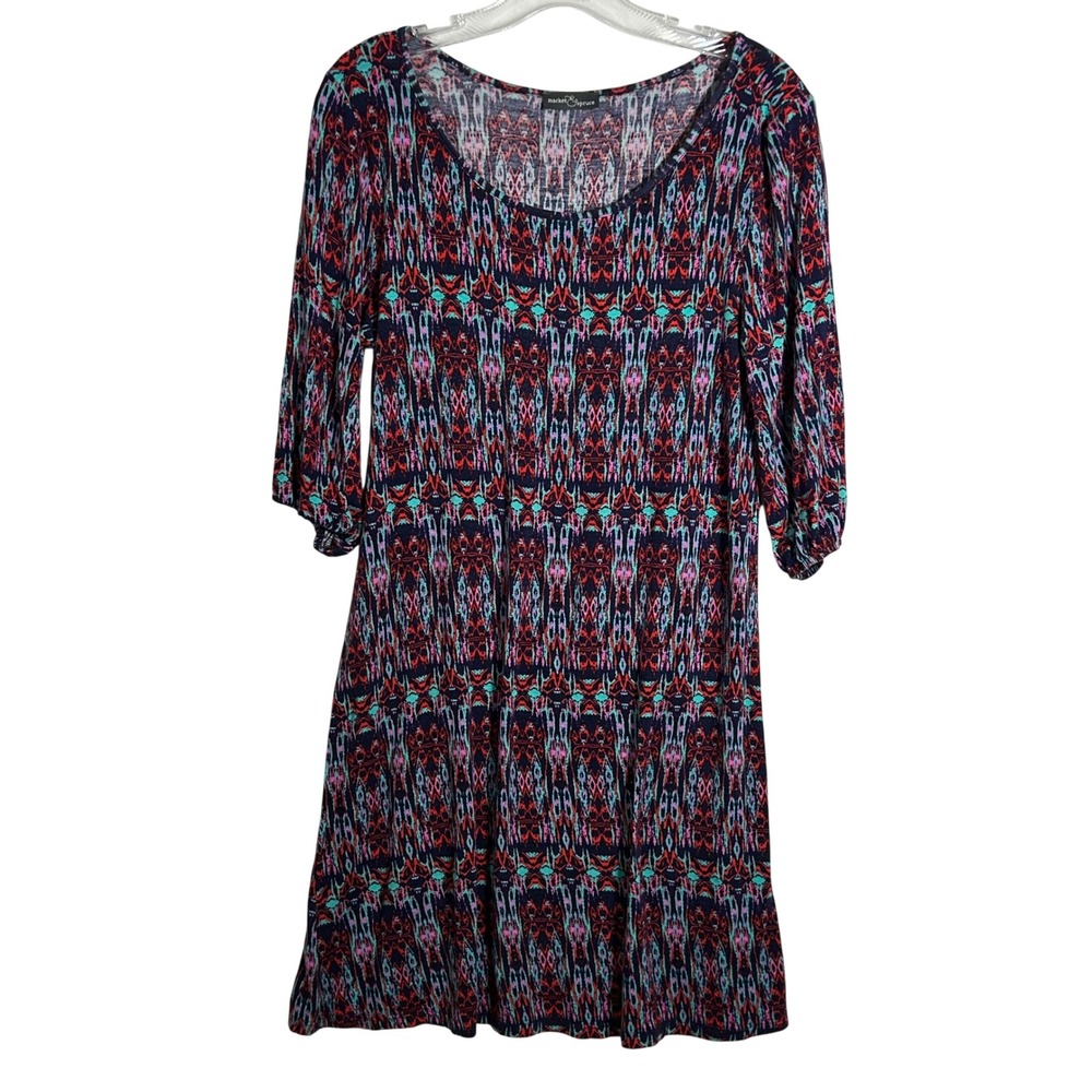 Market & Spruce Womens Medium Ikat Geometric Knit Dress Navy Red‎ 3/4 Sleeve